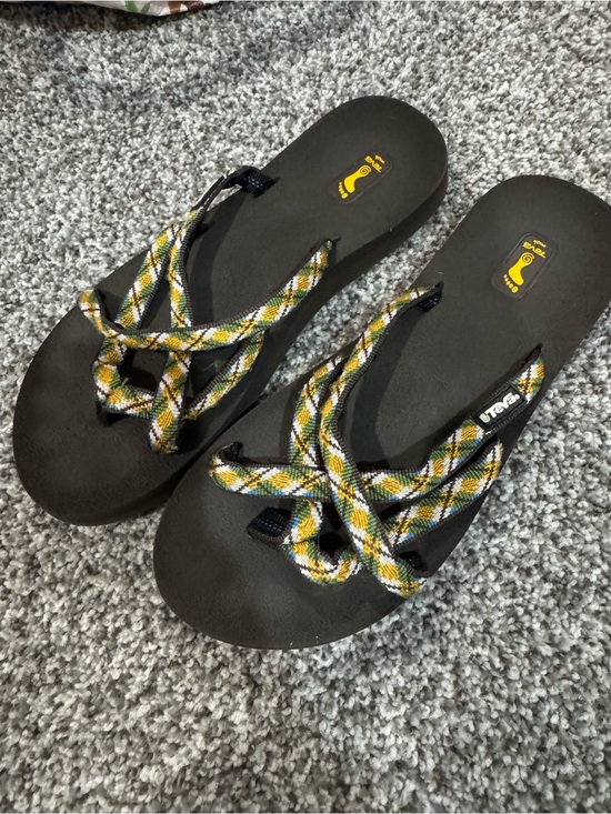 Teva Shoes - Teva Black Flip Sandals with Yellow and Green Plaid Straps